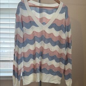 SHEIN V-Neck Sweater with Pink, Blue, and White Waves